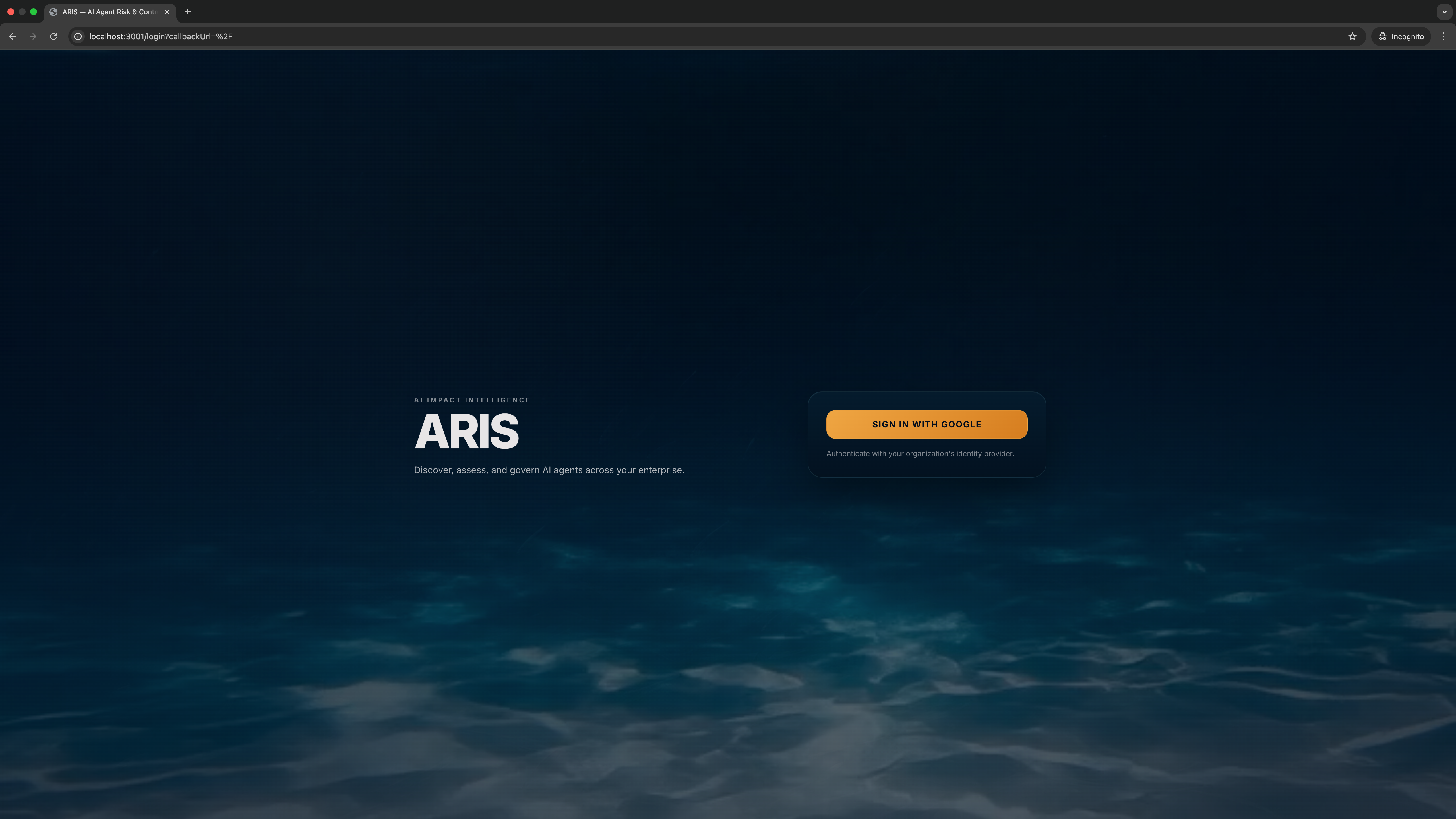ARIS login page — dark ocean background, ARIS wordmark, and a Sign in with Google button